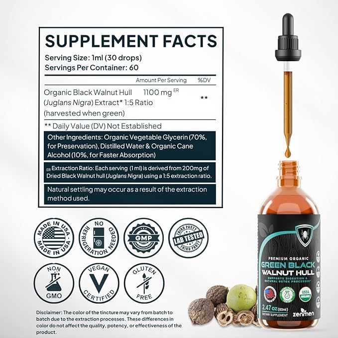 Zenmen Organic Green Black Walnut Hull Tincture - Highly Potent Formula Source of Antioxidants - 2.37 fl oz / 60ml Vegan Manufactured in The USA