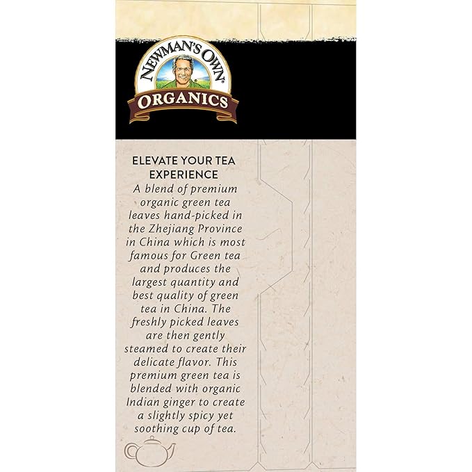 Newman's Own Organic Ginger Green Tea Green Tea with 20 Individually Wrapped Tea Bags Per Box (Pack of 4) USDA Certified Contains Caffeine Brew Hot