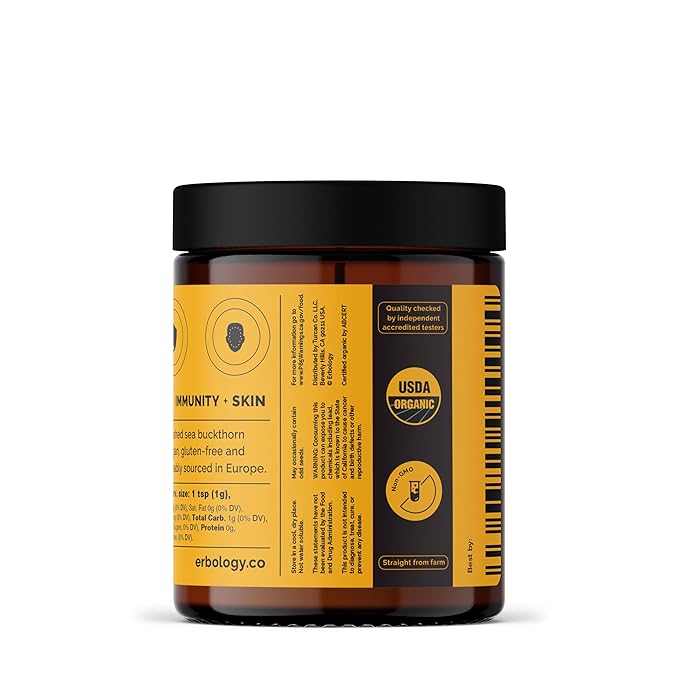 Erbology Organic Sea Buckthorn Powder 1.8 oz - 50 Servings - Skin Health and Immunity Support - Rich in Omega-7 (6.5%) Vitamin C and Vitamin A - Seeds Removed More Concentrated - Vegan - GMO-Free