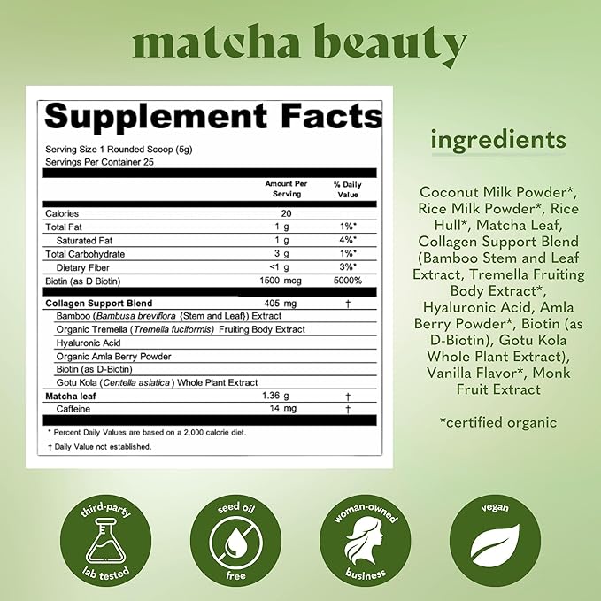 Copina Co. Matcha Beauty Vegan Collagen Booster Drink Blend: Plant Based Collagen Support Smoothie Drink Vegan Creamy Blend | Matcha Flavor | 1 Bag - 25 Servings per Bag