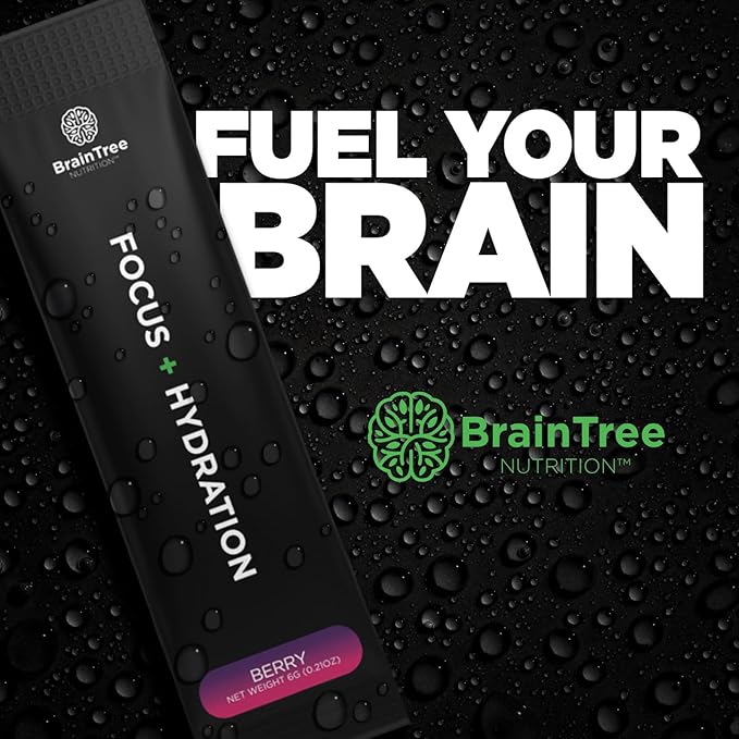 BrainTree Nutrition - Focus + Hydration - Electrolyte Drink Mix - Total Body Hydration - Supports Cognitive Function Energy &amp Muscle Recovery - Sugar Free - Berry - 30 Stick Packs
