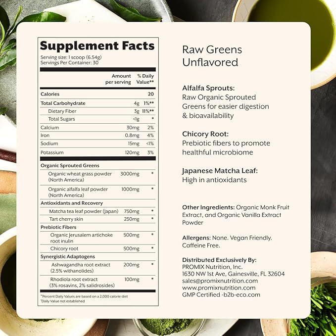ProMix Nutrition Raw Greens Superfood Blend - Sprouted Alfalfa Wheatgrass Ashwagandha &amp Rhodiola - 30 Servings