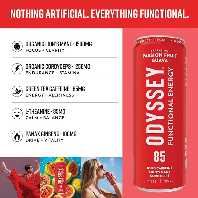 Odyssey Functional Energy Drink for Focus Cognition &amp Mood Support 12 Pack - Adaptogenic Drink with 85mg Green Tea Caffeine Lion’s Mane Cordyceps L-Theanine &amp Ginseng Passion Fruit Orange