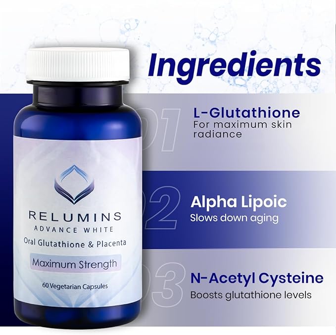 Relumins Advanced White Glutathione Capsules - Max Strength Supplement with ALA Placenta Rose HIPS &amp Vitamin C - Supports Collagen &amp Youthful Skin Made in USA - 60 Caps