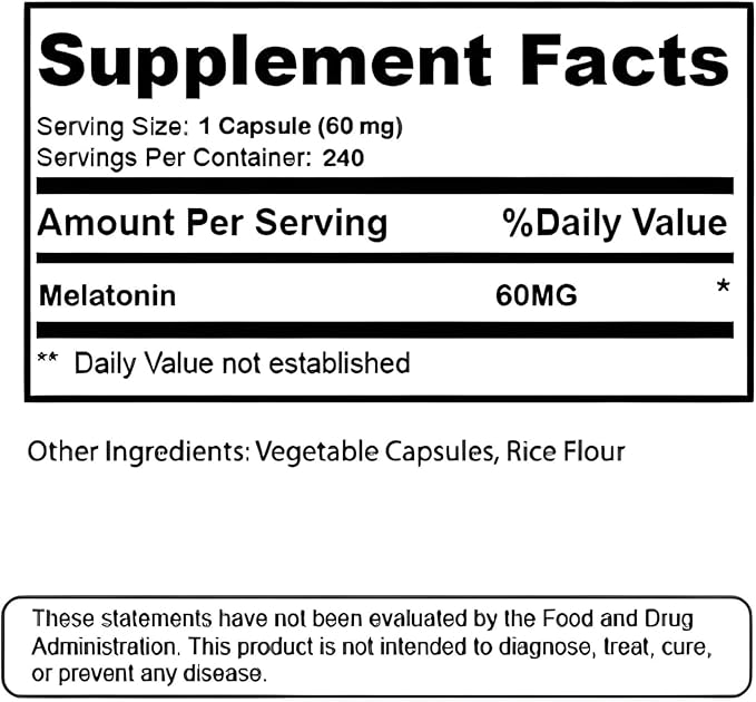 Melatonin 60mg - 240 Capsules - High Dose Melatonin for Adults - Extra Strength Sleep Support - Melatonin 60mg Adult Extra Strength Supplements