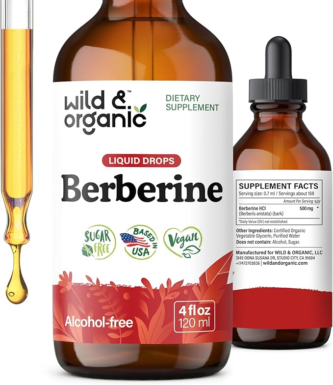 Wild &amp Organic Berberine Drops 500mg - Liquid Berberine Supplement HCL for Overall Support - Pure Extract Tincture - Vegan Alcohol &amp Sugar-Free - 4 fl oz