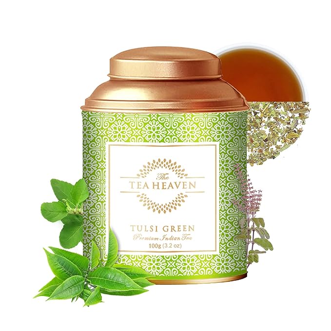 The Tea Heaven - Premium Tulsi Green Tea Holy Basil Loose Leaf 100g (3.5 oz) Hot or Cold Brewing