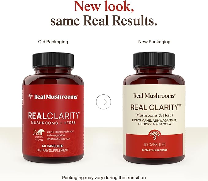 Real Mushrooms RealClarity Capsules – Lion’s Mane KSM-66 Ashwagandha Rhodiola &amp Bacopa – Mental Sharpness Alertness. &amp Adaptogenic Support – Vegan Non-GMO – 60 Count Mushroom Supplement