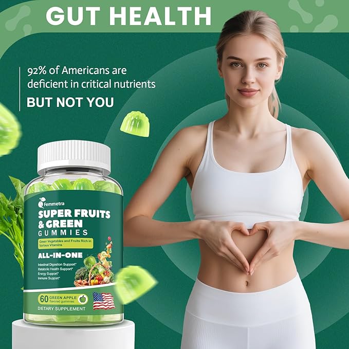 61-in-1 Supergreens Daily Gummies for Women and Men Multivitamin Superfood Gummy with Probiotics for Metabolic Energy and Digestive Health Sugar Free Green Apple Flavor 60 Count