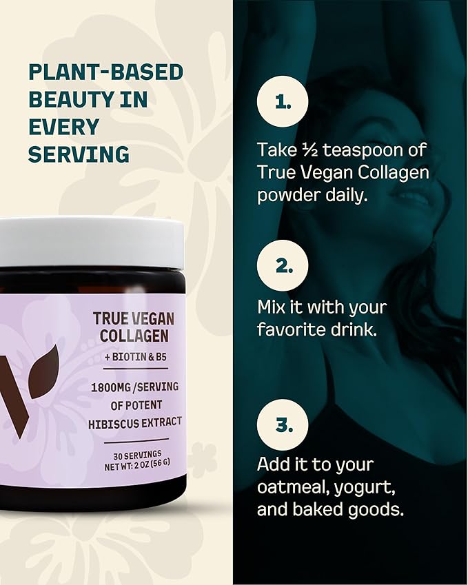 True Vegan Collagen - Antioxidant-Rich Supplement of Pure Organic Hibiscus Powder for Hair &amp Skin - Plant Based &amp Cruelty Free with Biotin &amp B5-2 oz 30 Servings per Bottle