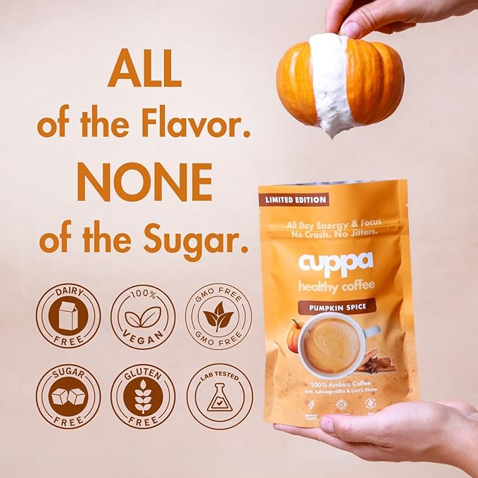 Cuppa Pumpkin Spice Mushroom Coffee with Adaptogens &amp Superfoods - Lion’s Mane Ashwagandha &amp Cordyceps. Adaptogens + MCT to support natural energy mental focus &amp gut health (30 Servings)