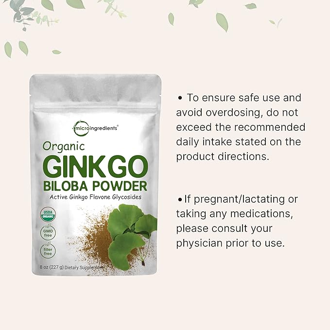 Micro Ingredients Organic Ginkgo Biloba Extract Powder 8oz | Naturally Occurring Ginkgo Flavone Glycosides | Herbal Supplements for Women &amp Men | Non-GMO Vegan Friendly