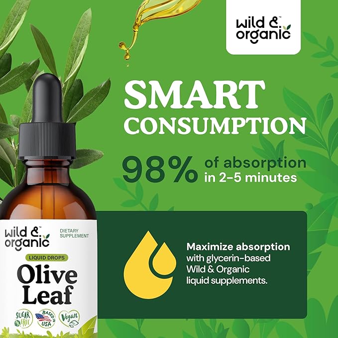 Wild &amp Organic Olive Leaf Extract Liquid Drops - Immune &amp Antioxidant Support - Oleuropein Olive Leaf Supplement - Add to Tea Tincture - Vegan Sugar &amp Alcohol-Free - 2 fl oz