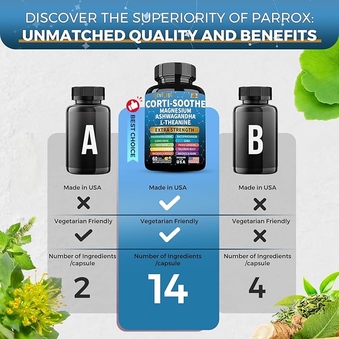 Corti-Soothe Cortisol Supplement for Women and Men with Magnesium Glycinate 200mg L-Theanine 150mg Phosphatidylserine 50mg &amp Manager Holy Basil Ginkgo Biloba Bacopa Monnieri Valerian 60 Capsules