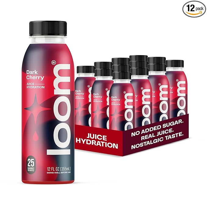 Dark Cherry Juice Drinks by Loom Low Sugar Juice Real Fruit No Added Sugar Healthy Hydration 30 Calories 12 oz bottles 12 pack