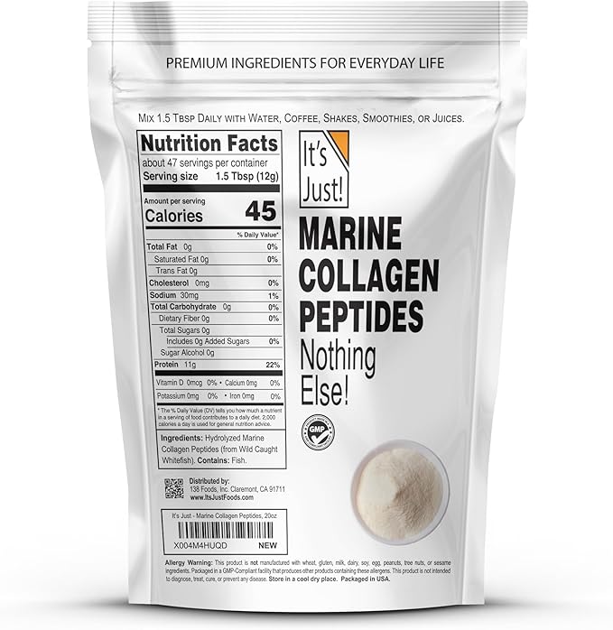 It's Just! Marine Collagen Peptides Powder - Unflavored Gluten Free Non-GMO Heavy Metal Tested - 20oz