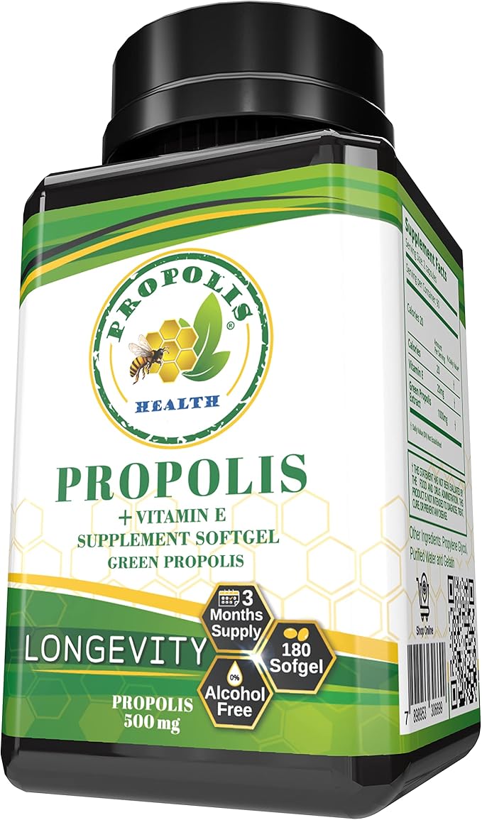 Propolis Health Propolis Capsules 1000mg-Daily with Vitamin E Per dose - Brazilian Green Propolis Extract - Immune Booster 50 Days Supply Propolis (180 Capsules)