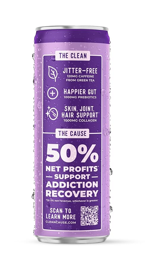 CLEAN Cause Berry Vanilla Sparkling Pick-Me-Up with Prebiotics &amp Collagen Peptides (12oz cans 12-Pack Case) Low Sugar 120mg Caffeine Healthy Alternative to Soda &amp Energy Drinks.