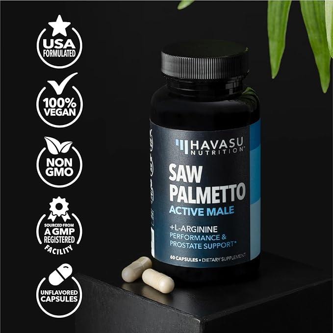 Saw Palmetto 500mg and L-Arginine 500 mg - Prostate Health and Nitric Oxide Supplements for Men - 60 Count - Urinary Function Support and Endurance for Active Males - Vegan Non-GMO 1 Month Supply