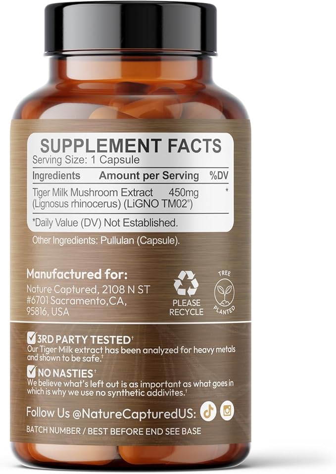 Tiger Milk Mushroom Extract (Lignosus rhinocerus) - Premium LiGNO TM02® - &gt30% Polysaccharides - Lungs &amp Respiratory Support - Cognitive &amp Immune Health - 60 Capsules - Vegan - Zero Additiv