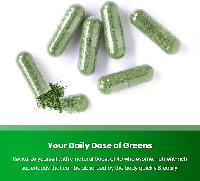 Organic Super Greens Capsules - Daily Fruits and Veggies Supplement - 150 Green &amp Reds Superfood Pills - 40+ Natural Whole Food Fruit &amp Vegetables Prebiotic Fiber &amp Probiotics &amp Diges