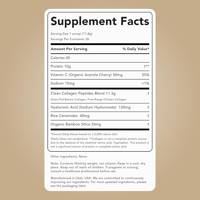 Clean Simple Eats Collagen Powder + Beauty Blend Unflavored 11G Hydrolyzed Collagen Peptides from Grass Fed Bovine &amp Chicken Hyaluronic Acid for Hair Skin Nail &amp Joint Support 30 Serving