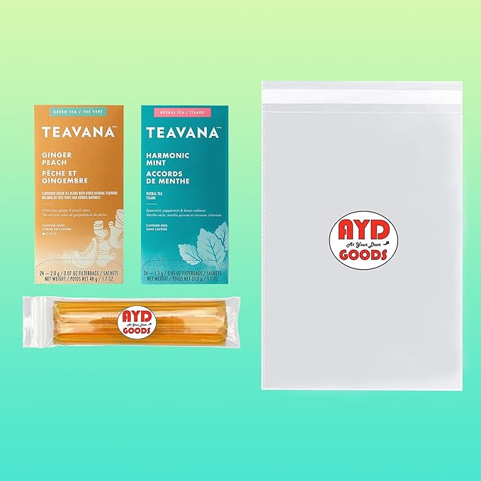 AYD Goods Medicine Ball Cold Buster Recipe 48 teabags of Ginger Peach and Harmonic Mint Includes 10 Counts of AYD Goods US Grade A Honey Sticks