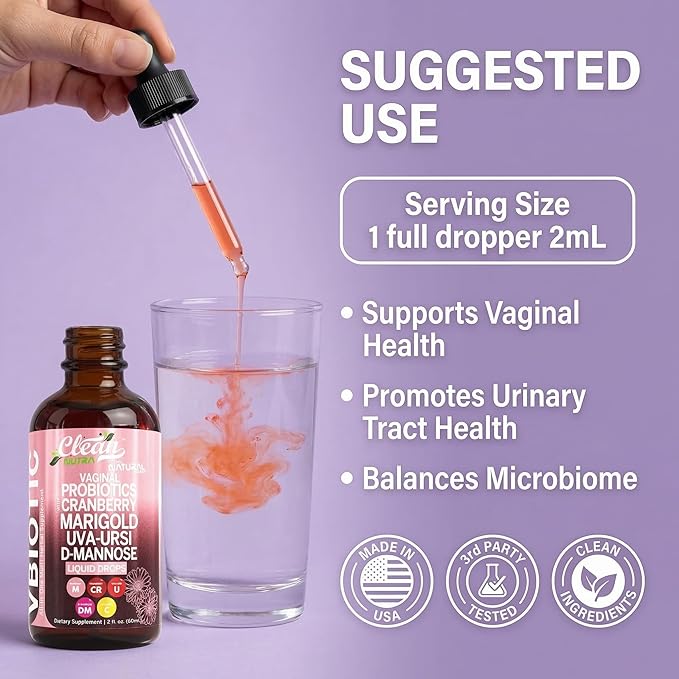 Clean Nutraceuticals VBiotic Vaginal Probiotic for Women Liquid Drops | Cranberry Uva Ursi Horsetail D-Mannose Prebiotics Marigold &amp Black Cohosh Vaginal Health Supplement | pH Balance