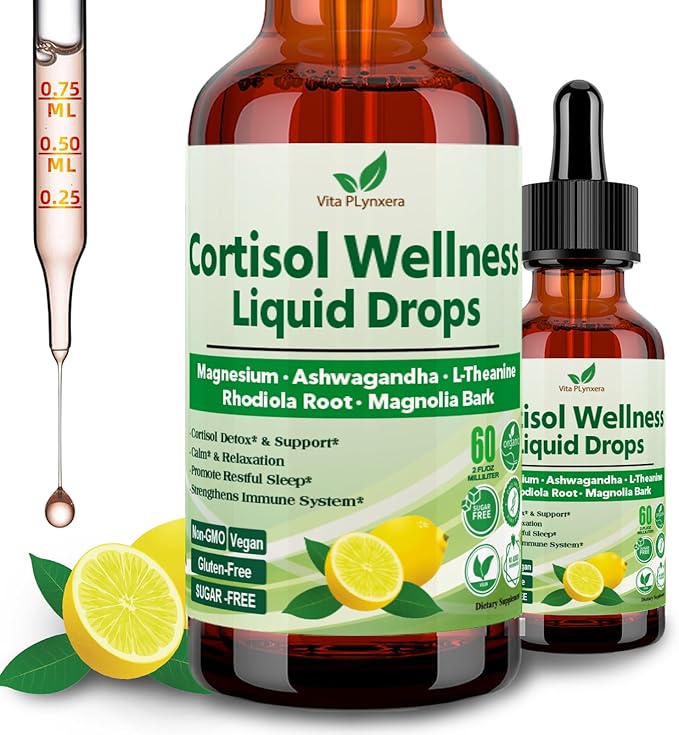 Cortisol Supplement Liquid Drops 17-in-1 Cortisol Detox w. Magnesium Glycinate 400mg Ashwagandha L-Theanine Phosphatidylserine Hormone Balanced for Women Mood Focus Sleep Support