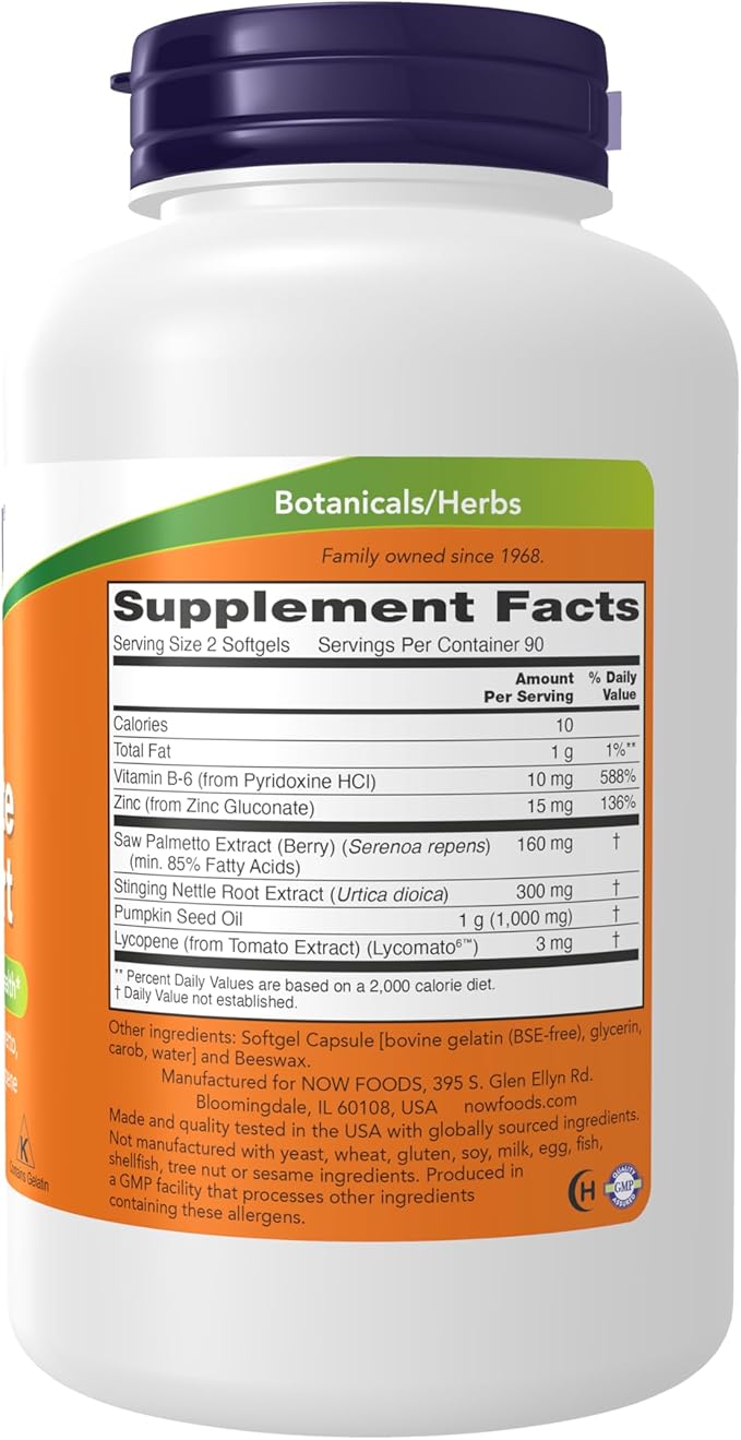 NOW Supplements Prostate Support Prostate Support with Standardized Saw Palmetto Stinging Nettle &amp Lycopene 180 Softgels