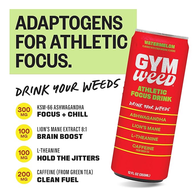 GYM WEED Athletic Focus Drink with KSM-66 Ashwagandha Lion's Mane Mushroom L-Theanine 200mg Green Tea Caffeine with Natural Sweeteners Watermelon Flavor 12 Pack