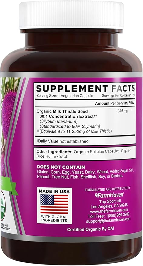 FarmHaven USDA Organic Milk Thistle Capsules |30X Concentrated Seed Extract &amp 80% Silymarin Standardized - Supports Liver Function and Overall Health | Non-GMO | 120 Veggie Capsules