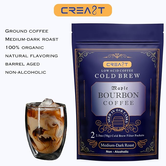 CREA8T Cold Brew Maple Bourbon flavored coffee - Pack of 4 Cold Brew GROUND Filter packets 2.5oz each totalling 10oz.