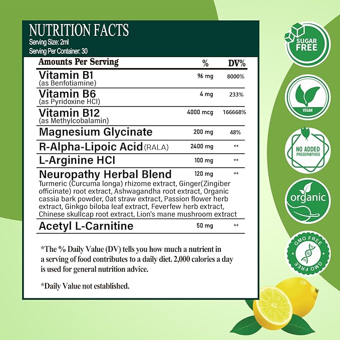 Neuropathy Supplements Liquid Drops Advance 17-in-1 Stabilized R-Alpha Lipoic Acid (R-ALA) w. Acetyl L-Carnitine Vitamin B-Complex Magnesium High Potency R-Lipoic Acid for Nerve Antioxidant Energy