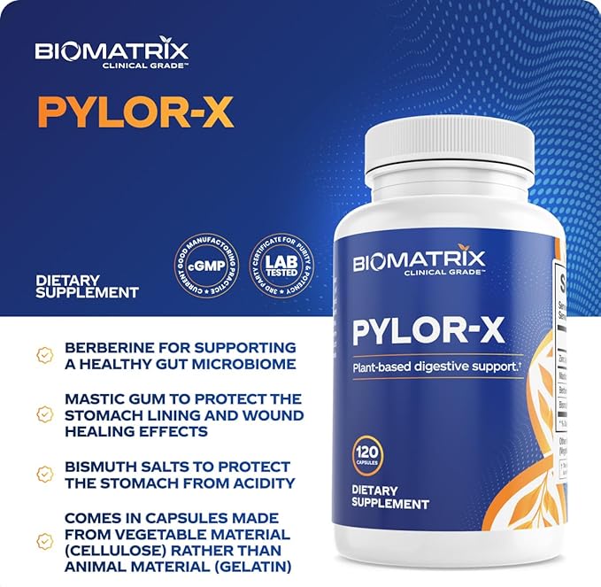BioMatrix Pylor-X Gut Health Supplement – Mastic Gum Berberine Zinc Carnosine &amp Bismuth Salts for Gastric Support Digestive Comfort Stomach Lining Protection - (120 Capsules) 30-60 Day Supply
