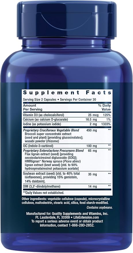 Life Extension Breast Health Formula Breast Health Supplement Hormone Balance Broccoli Soy isoflavones indole-3-carbinol Flaxseed lignans Gluten Free Non-GMO Vegetarian 60 Capsules