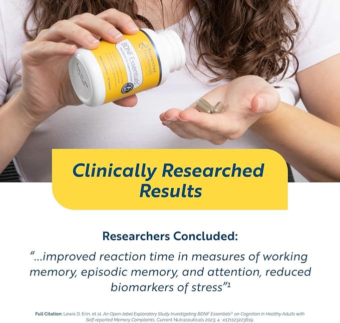 Researched Nutritionals BDNF Essentials - Clinically Researched Brain Supplement with Bacopa Monnieri &amp Lions Mane Mushroom - Supports Neuroplasticity &amp Healthy Cortisol Levels 120 Capsules