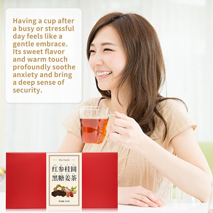 Hee Creek Longan Red Date Ginger Sugar Tea 10.23oz (25 Bags) Ancient Method Handmade Red Ginseng Brown Sugar Ginger Tea for Women Qi and Blood Tonic Caffeine Free 红参 桂圆红枣姜糖茶 黑糖姜茶 红糖姜枣茶