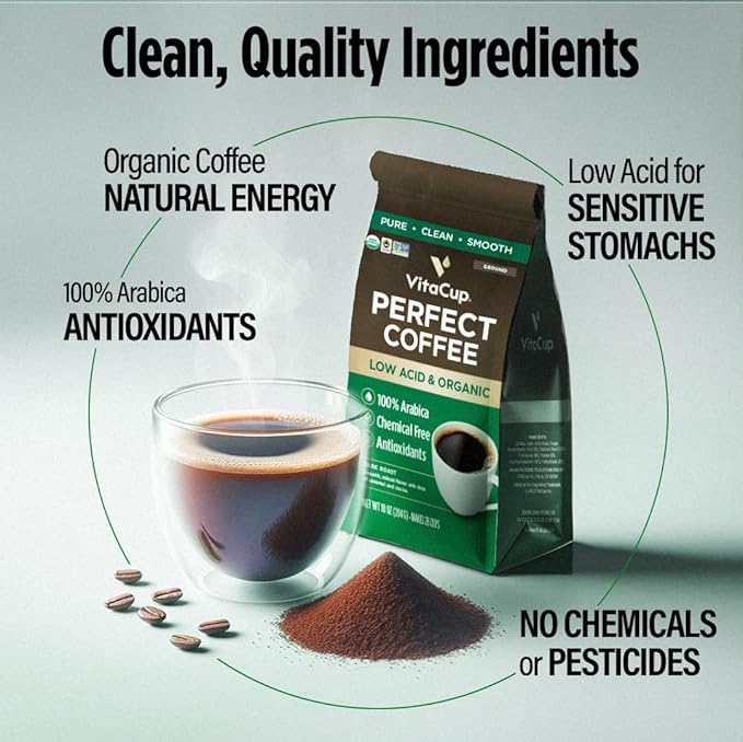 VitaCup Perfect Low Acid Coffee Ground USDA Organic &amp Fair Trade Mycotoxin Free Dark Roast Guatemala Single Origin Clean &amp Pure 20 ounces 52 Servings