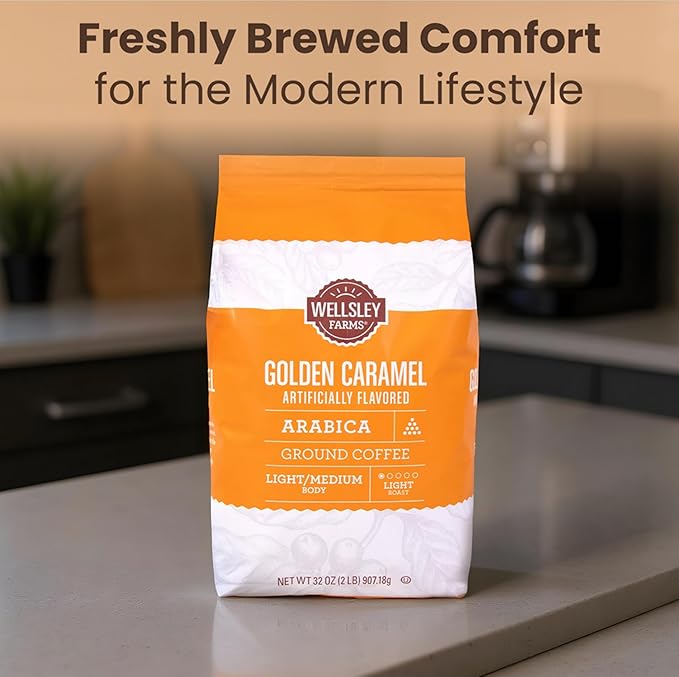 Wellsley Farms Golden Caramel Ground Coffee - 100% Arabica Light Roast - Non GMO Low Carb and Low Sodium - Flavoured Coffee for Home and Office - Smooth Caramel Coffee Taste - 32 oz Resealable Bag