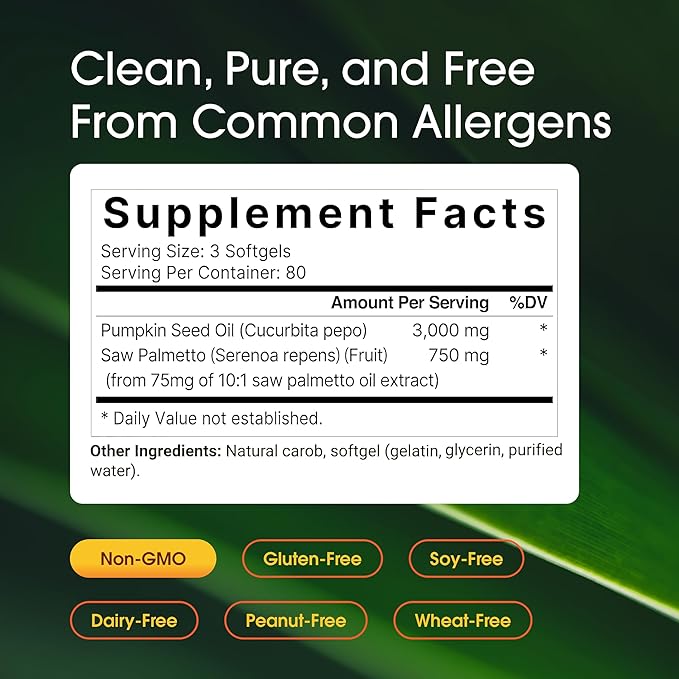 NatureBell Pumpkin Seed Oil 3000mg with Saw Palmetto - 240 Softgels - Rich in Omega-6 &amp Omega-9 - Supplement for Heart Brain Hair &amp Bladder Health*