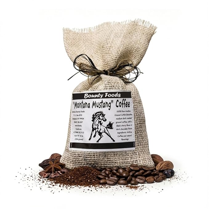 Montana Mustang Columbian Arabic Coffee - 12 oz Ground &amp Roasted w/ Natural Black Cherries In a Rustic Western Style Burlap Bag from Bounty Foods - Enjoy this American Breakfast Essential (MUS 12o