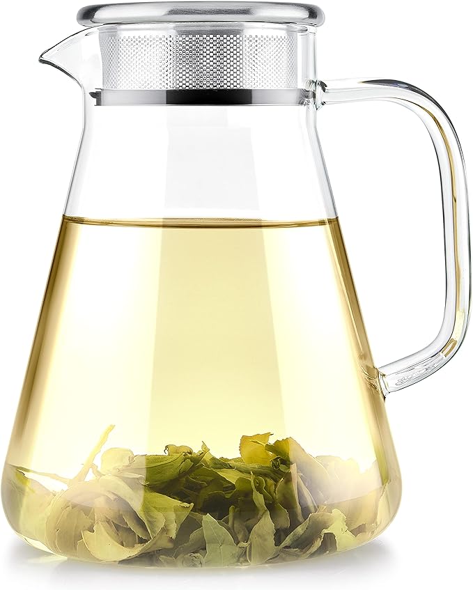 Teabloom One-Touch Tea Maker 2-in-1 Teapot and Kettle with Stainless Steel Filter Lid for Loose Tea – Stain-Free Borosilicate Glass Teapot (40 Oz) – Tea Connoisseur's Choice