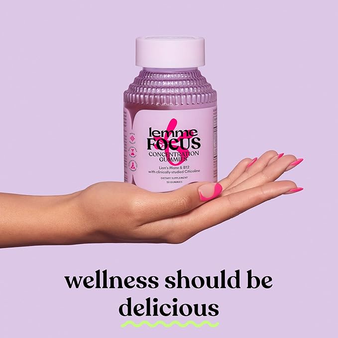 Lemme Focus Concentration &amp Brain Health Gummies with Cognizin Citicoline Lion's Mane Mushroom Vitamin B12 to Support Focus + Concentration - Gluten Free Caffeine Free Strawberry (50 Count)