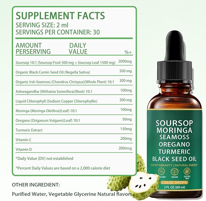 QIZFYZZ Liquid Drops - Soursop Bitters Liquid with Sea Moss Moringa &amp Turmeric Extract Immune Support and Overall Health Vegan Non-GMO | 2 Fl Oz