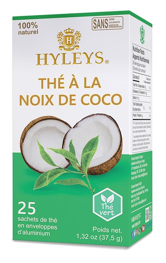 12 Pack of Hyleys Natural Wellness Coconut With Green Tea - 25 Tea Bags (100% Natural Gmo Free Gluten Free Dairy Free Sugar Free)