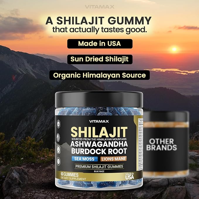 Pure Shilajit Gummies Sea Moss Ashwagandha 105+ Trace Minerals – Organic Burdock Root &amp Lions Mane Mushroom - Blue Razz – Vegan &amp Non-GMO – Made in USA – 60ct