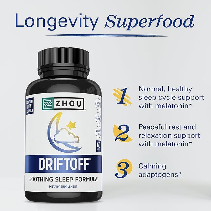 Zhou Driftoff - Nature Inspired Sleep Aid Valerian Root &amp Melatonin for Sleep for Men &amp Women Calm Sleeping Supplement for Adults with Gaba &amp Chamomile to Relax - 60 Veggie Capsules