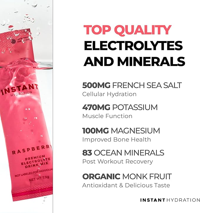 Instant Hydration Electrolytes Powder Packets - Raspberry Electrolyte Drink Mix - Zero Sugar - Keto Vegan Gluten-Free Non-GMO - Boost Recovery Brain Health Muscle &amp Tissue Support- 30 Sticks