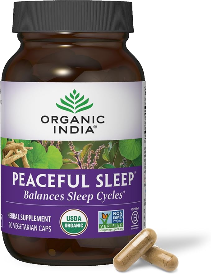 ORGANIC INDIA Peaceful Sleep Herbal Supplement - Deep Sleep Aid for Adults Natural Herbal Aid Without Melatonin Supports Circadian Rhythm USDA Certified Organic Non-GMO - 90 Capsules